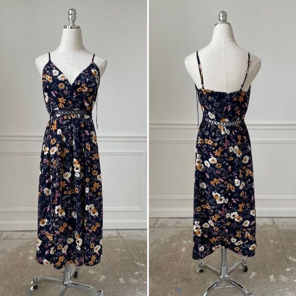 J.O.A. Navy Blue Floral Swing Midi Dress Cross Front Adjustable Strap S - Picture 1 of 12